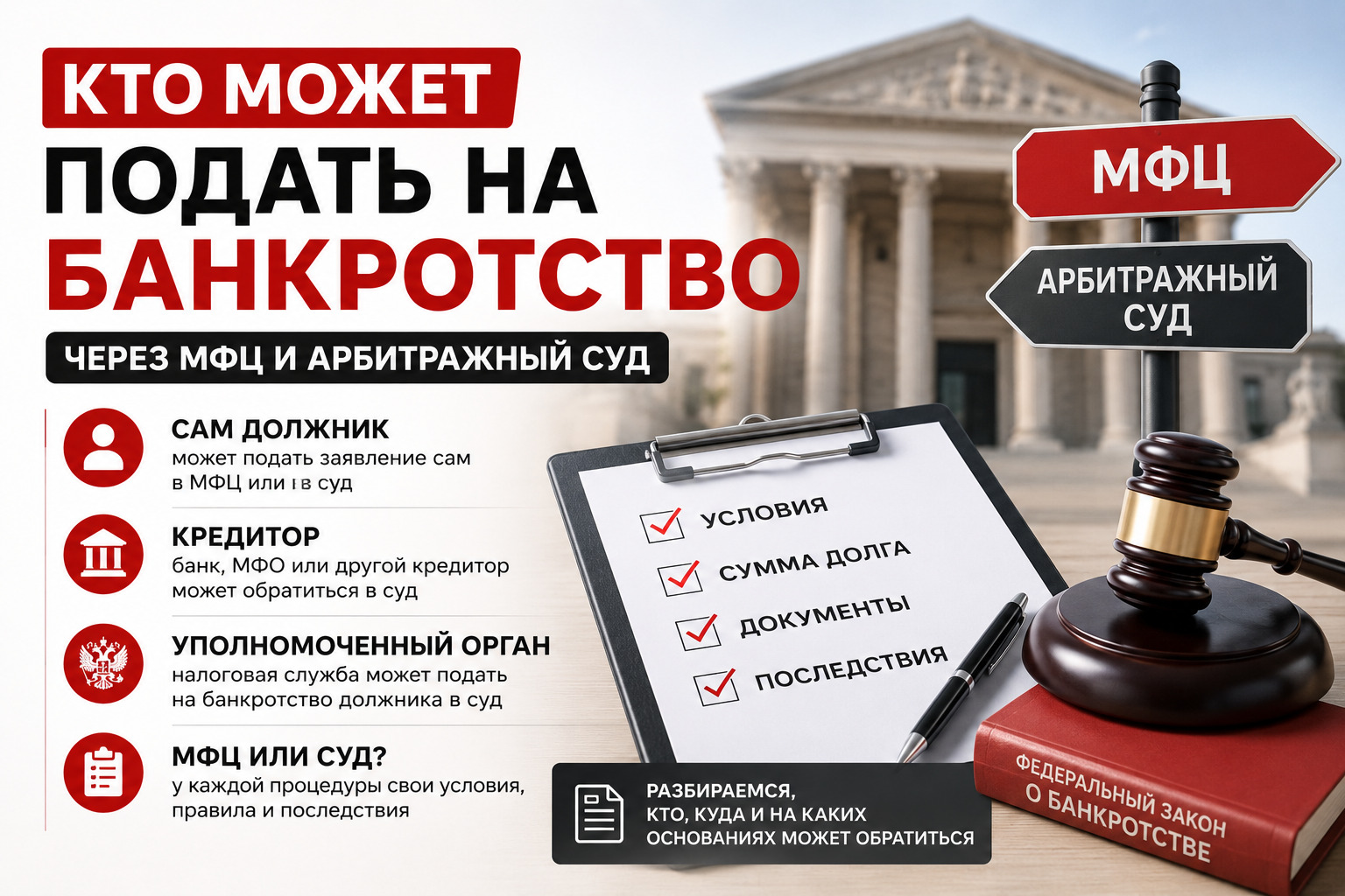 Кто может подать на банкротство физического лица через МФЦ и арбитражный суд